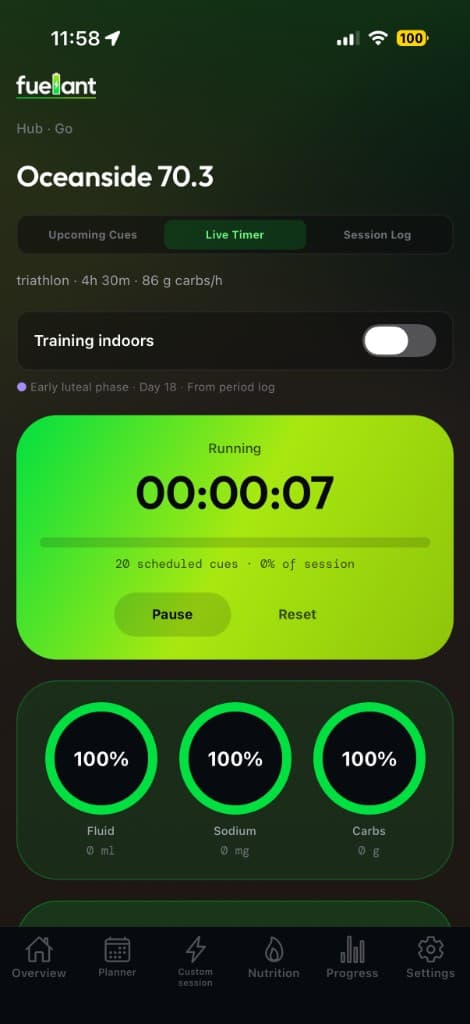 fuelant live timer with fluid, sodium, and carbs completion rings