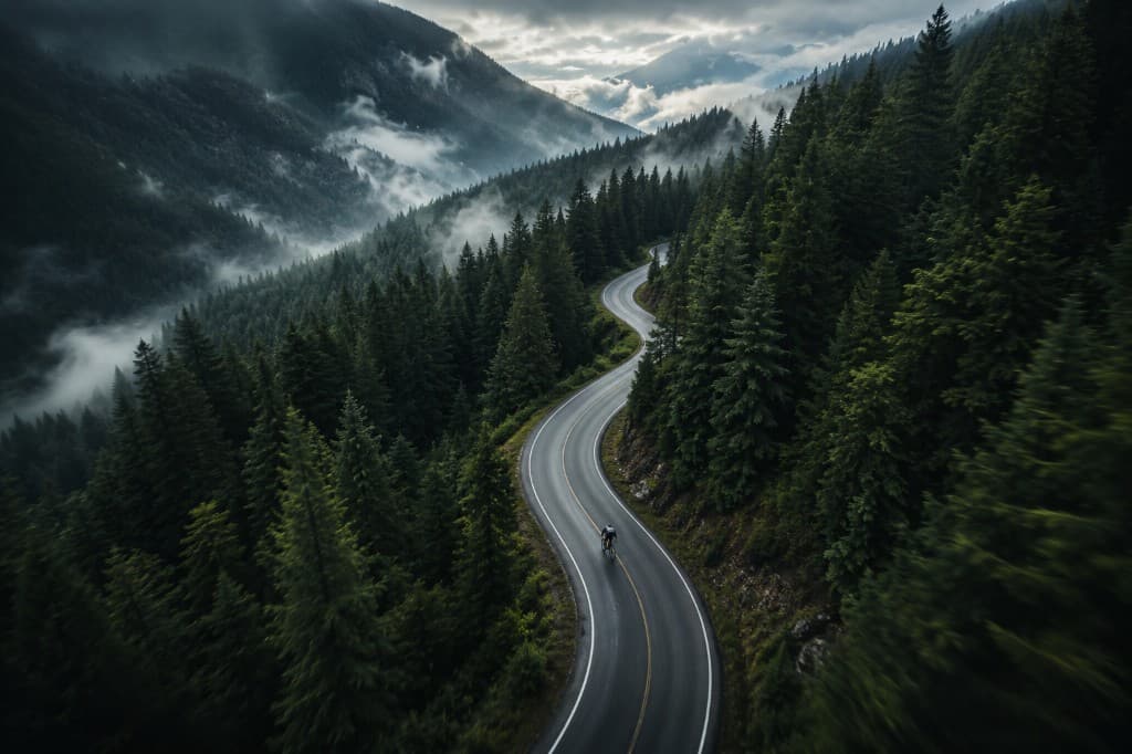 Cyclist on a misty winding mountain road through evergreen forest