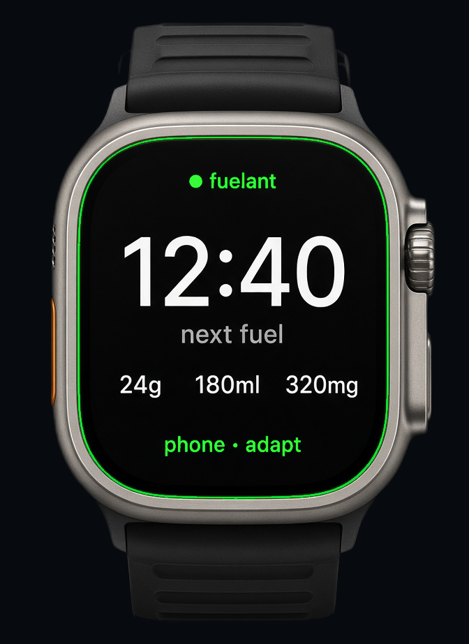 Apple Watch Ultra showing fuelant Session fuel — next fuel countdown with carbs, fluid, and sodium