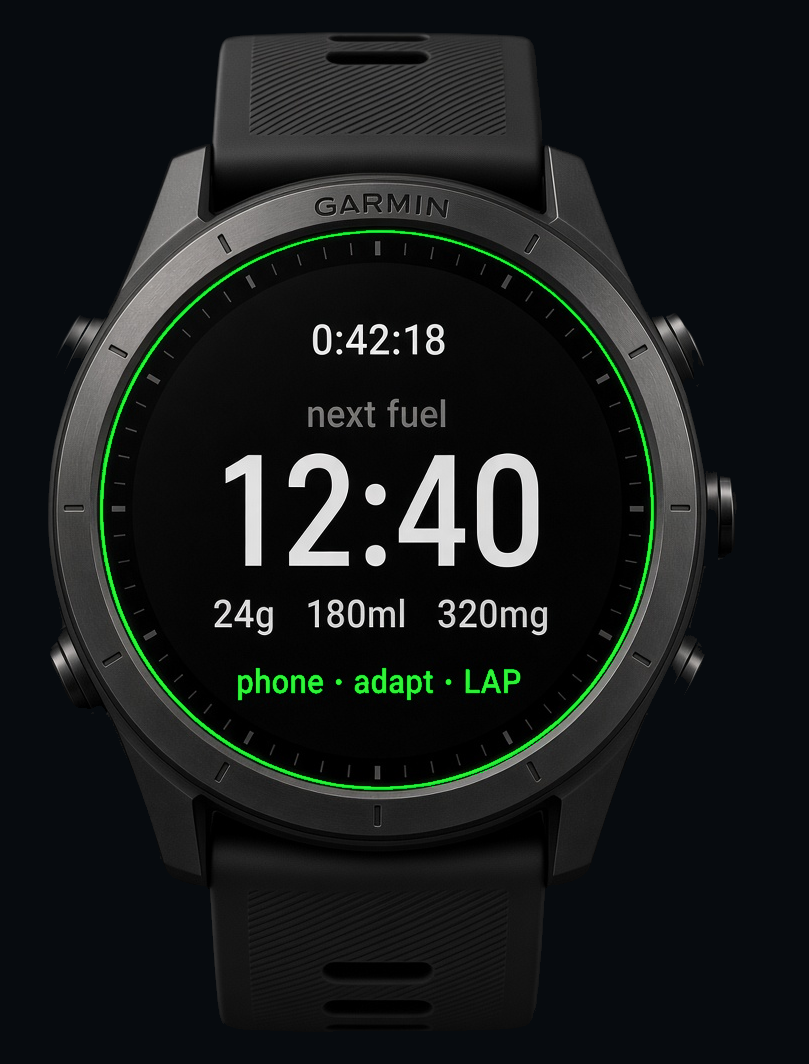 Garmin watch showing fuelant Session fuel — next fuel countdown with carbs, fluid, and sodium